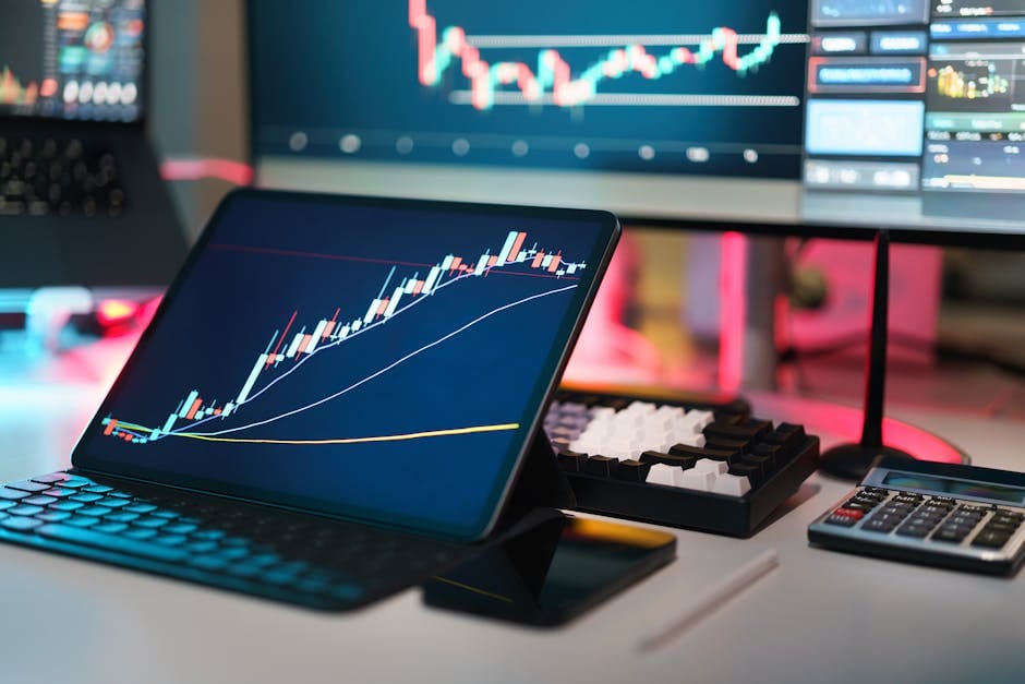 Una configuración integral que incluye plataformas de comercio digital con gráficos y cuadros para análisis financiero.