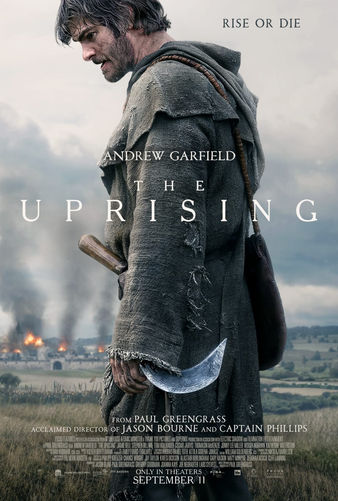 Póster oficial de The Uprising con Andrew Garfield caracterizado como campesino rebelde en la Inglaterra del siglo XIV