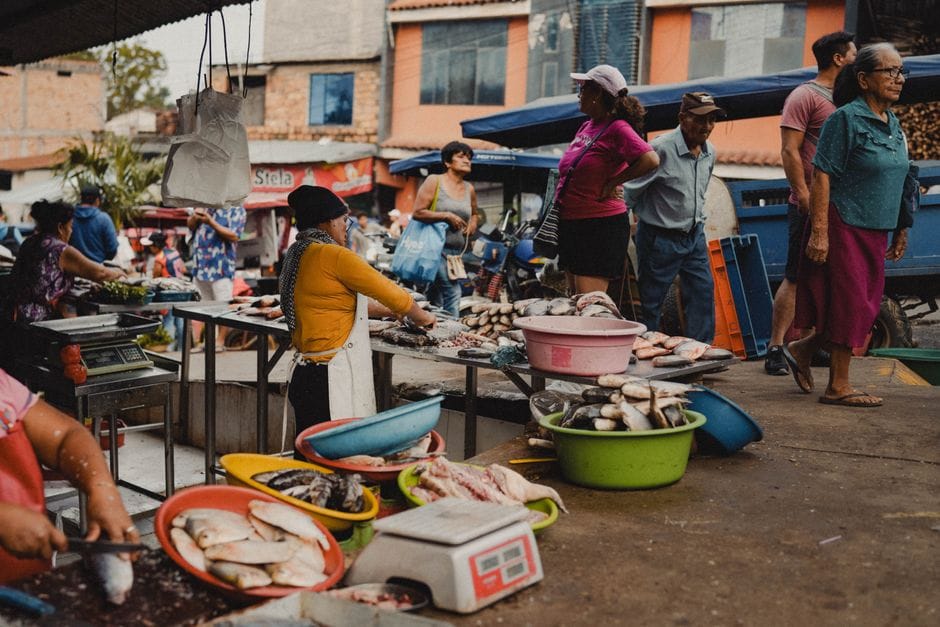 Escena animada de un mercado de pescado en La Rioja, Perú, con vendedores y clientes interactuando.