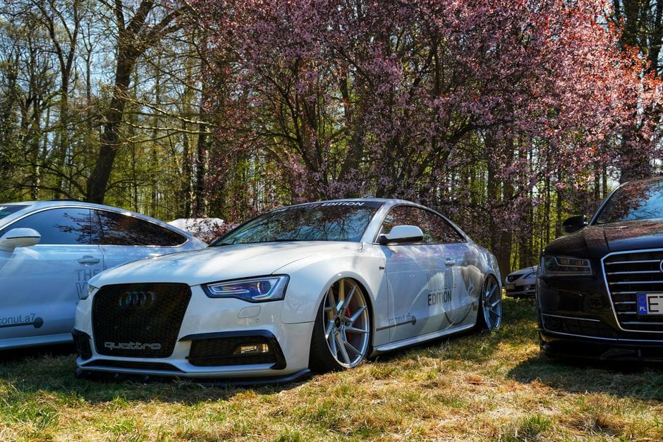 Autos de lujo estacionados bajo los cerezos en flor en un día soleado de primavera, mostrando elegancia en plena naturaleza.