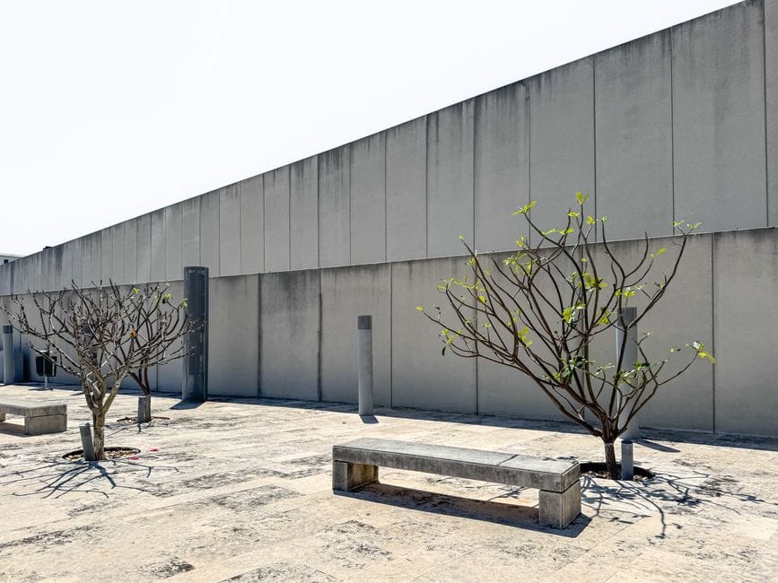 Patio minimalista sereno con bancos de hormigón y árboles bajo un cielo despejado.
