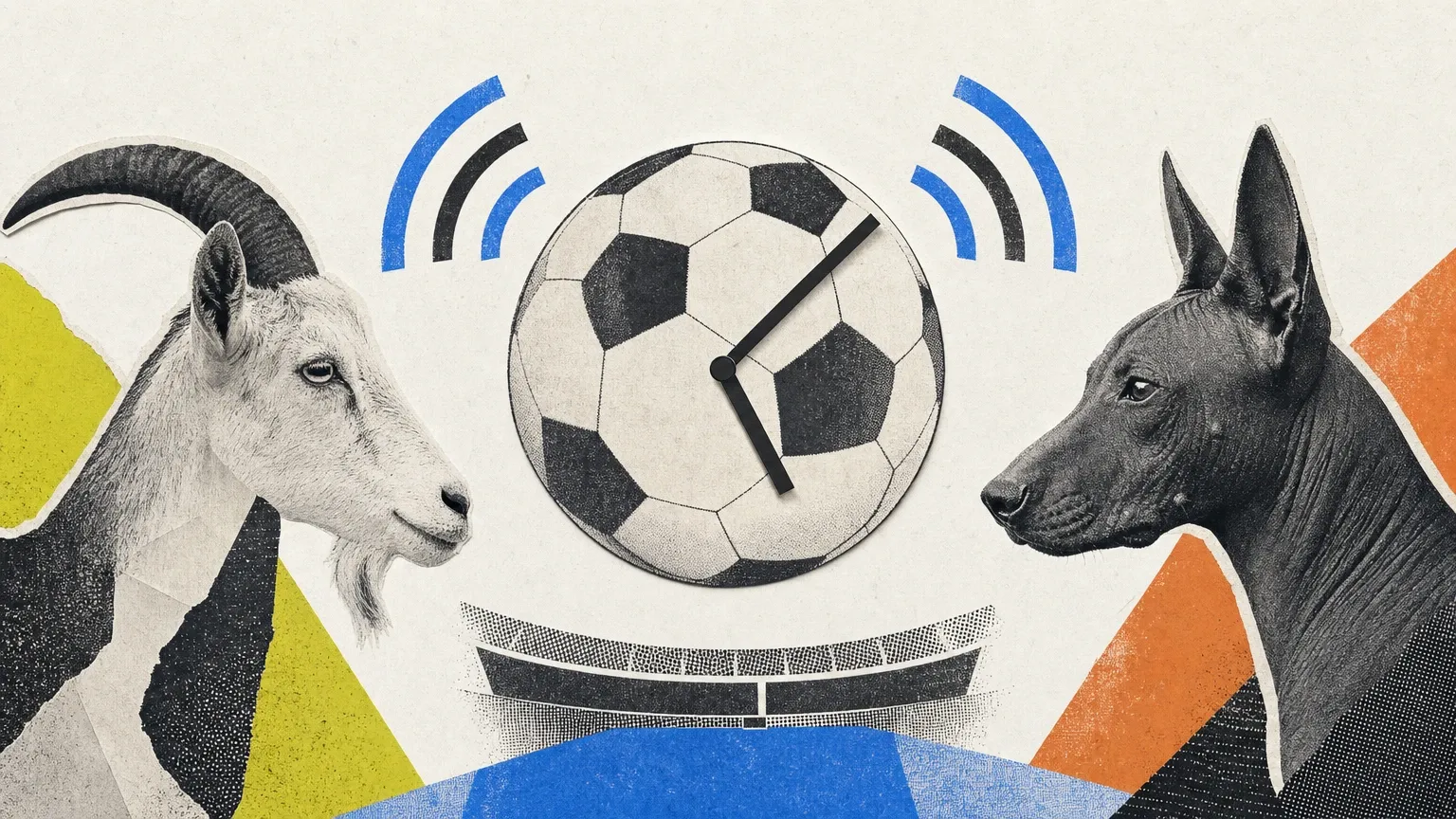Una cabra y un perro xoloitzcuintli flanquean un balón con manecillas, ondas azules y una grada abstracta.