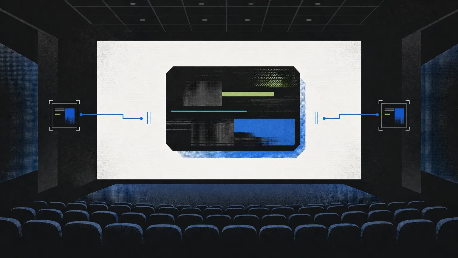 Una sala de cine vacía muestra en la pantalla una ficha digital negra, flanqueada por dos módulos conectados mediante líneas azules interrumpidas.
