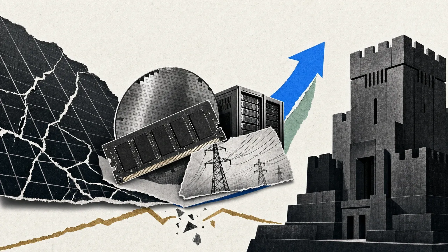 Collage de una memoria RAM, una oblea, servidores y torres eléctricas junto a una cuadrícula rota, una flecha azul ascendente y una fortaleza oscura.