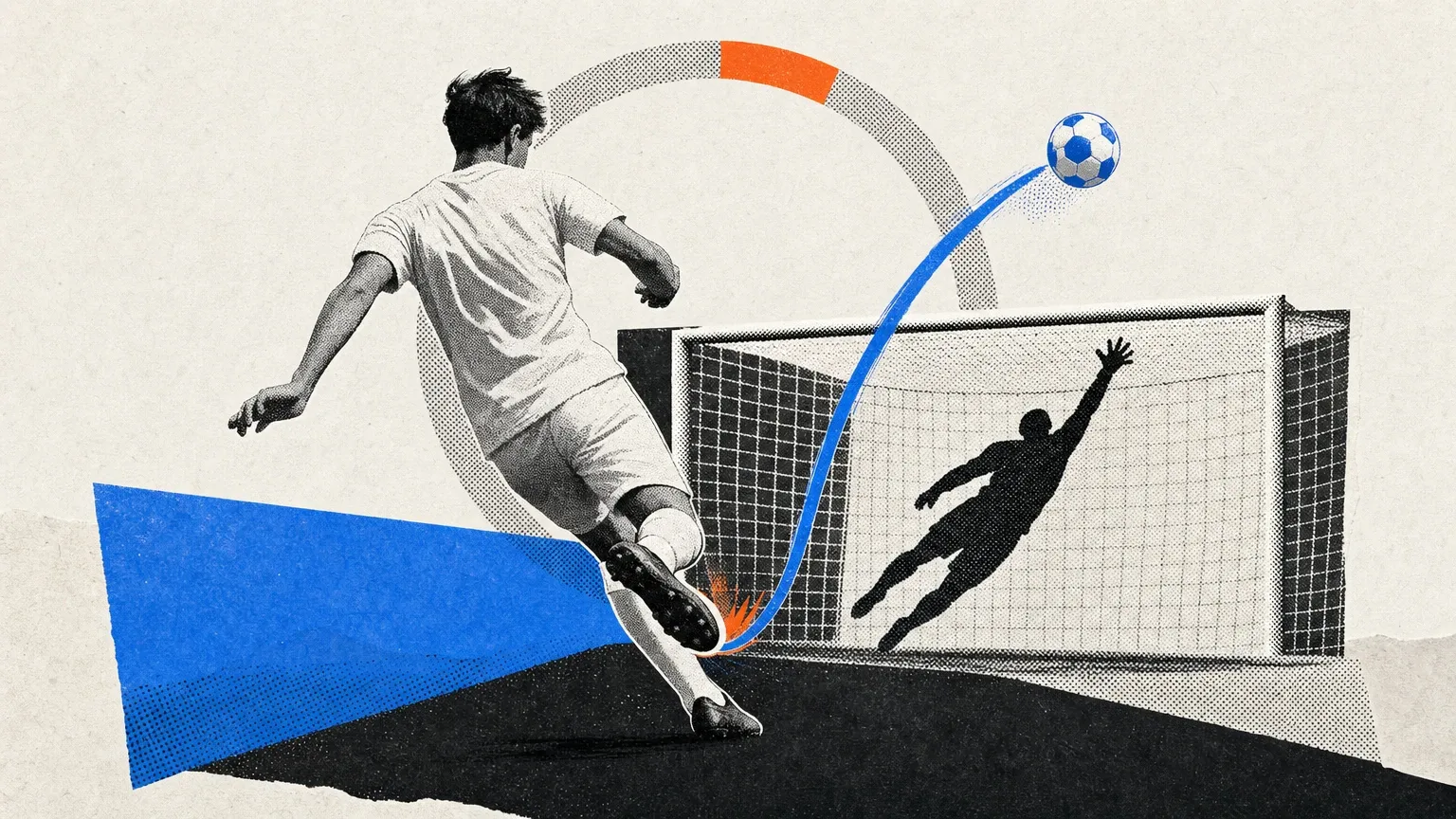 Collage de un futbolista visto desde atrás que remata hacia una portería mientras una trayectoria azul eleva el balón ante un portero en silueta.