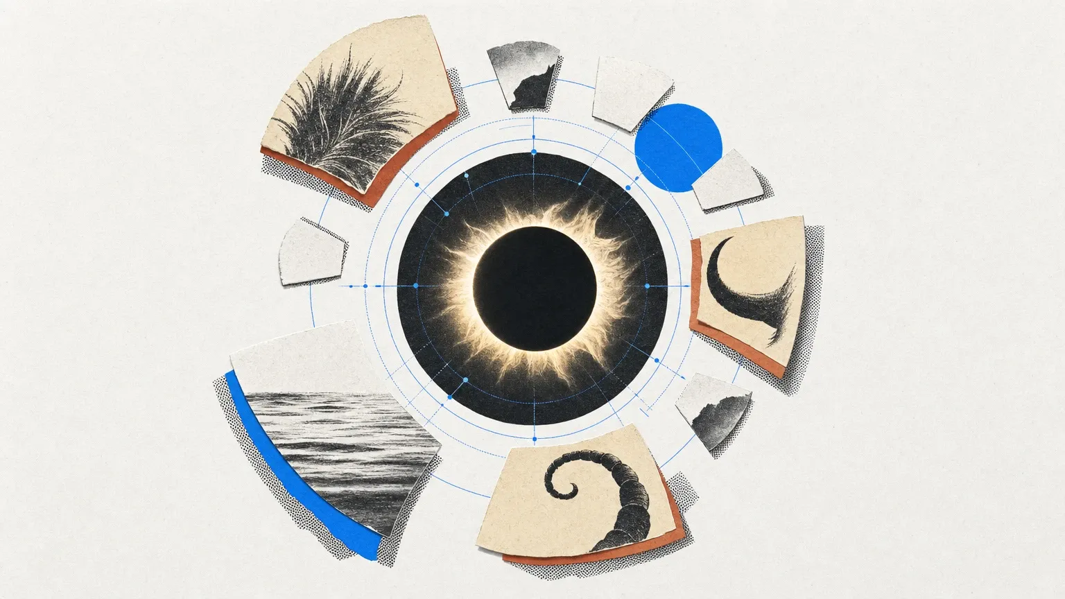 Eclipse solar rodeado por órbitas azules y doce recortes de papel, cuatro con motivos de melena, cuernos, ondas y cola curva.