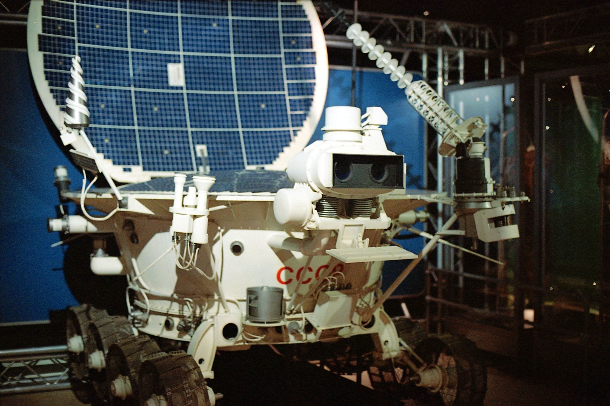 A Soviet Lunokhod lunar rover displayed in a museum, showcasing space exploration history.