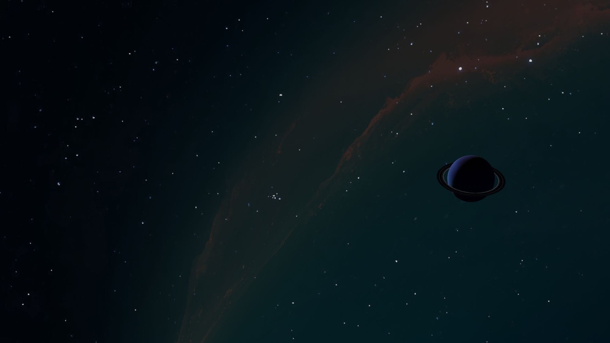 A breathtaking celestial scene featuring a distant ringed planet set against a night sky filled with stars.