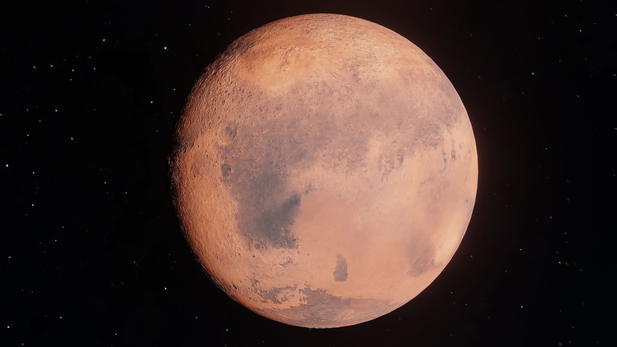 High-resolution image of Mars shining in the vast universe, showcasing its surface details.