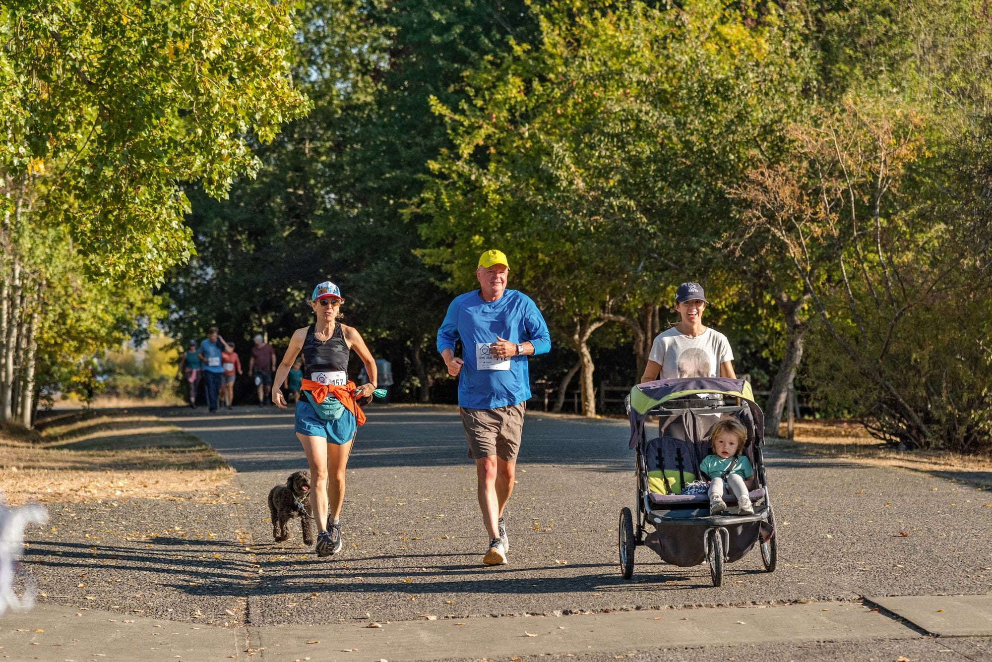 A group of people jogging and walking with a stroller on a sunny day in a park.