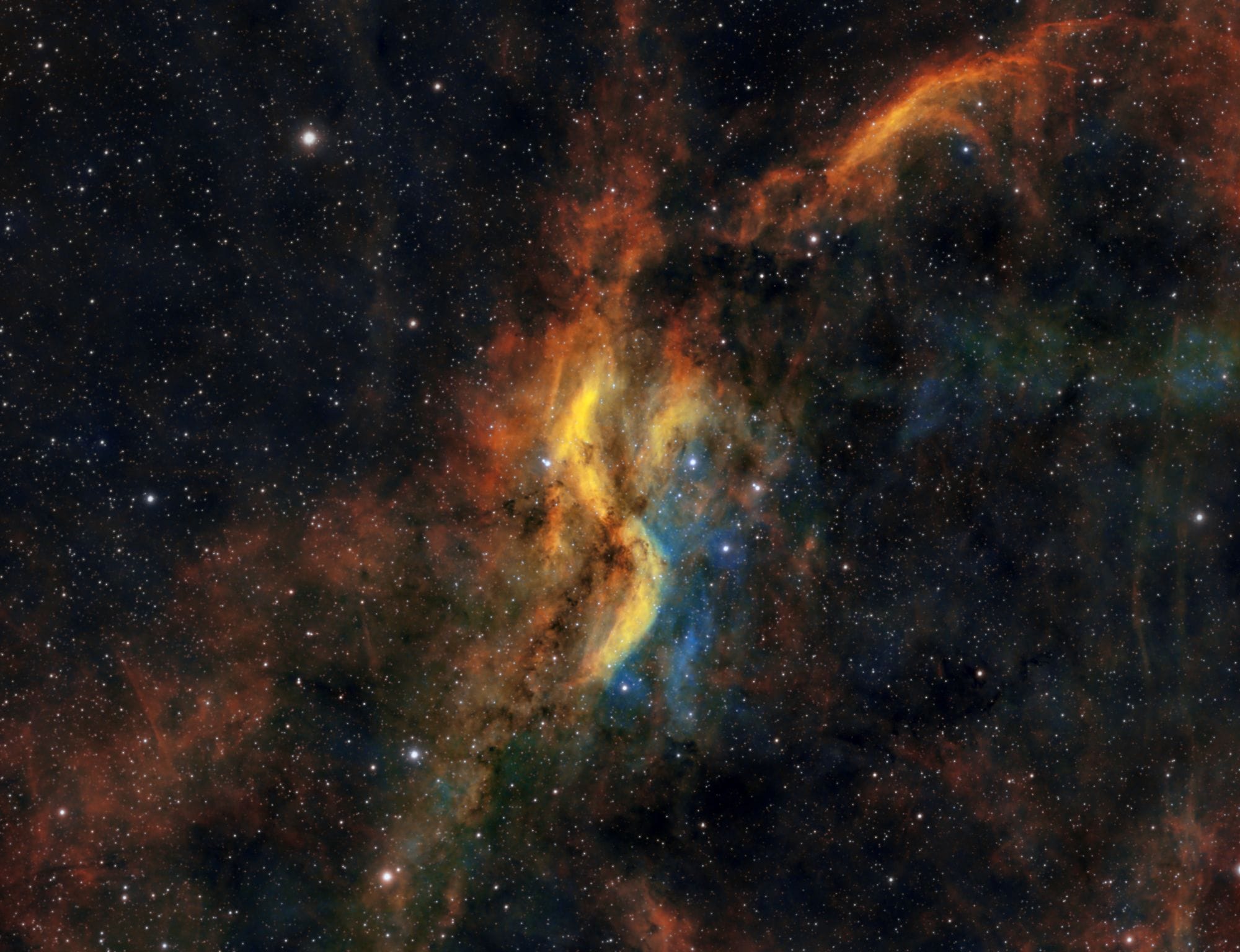 Dynamic scene of colorful gas clouds and stars in a cosmic nebula.