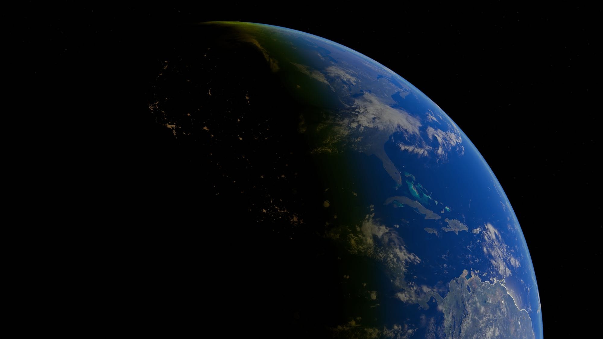 A breathtaking view of Earth from space showing night and day.