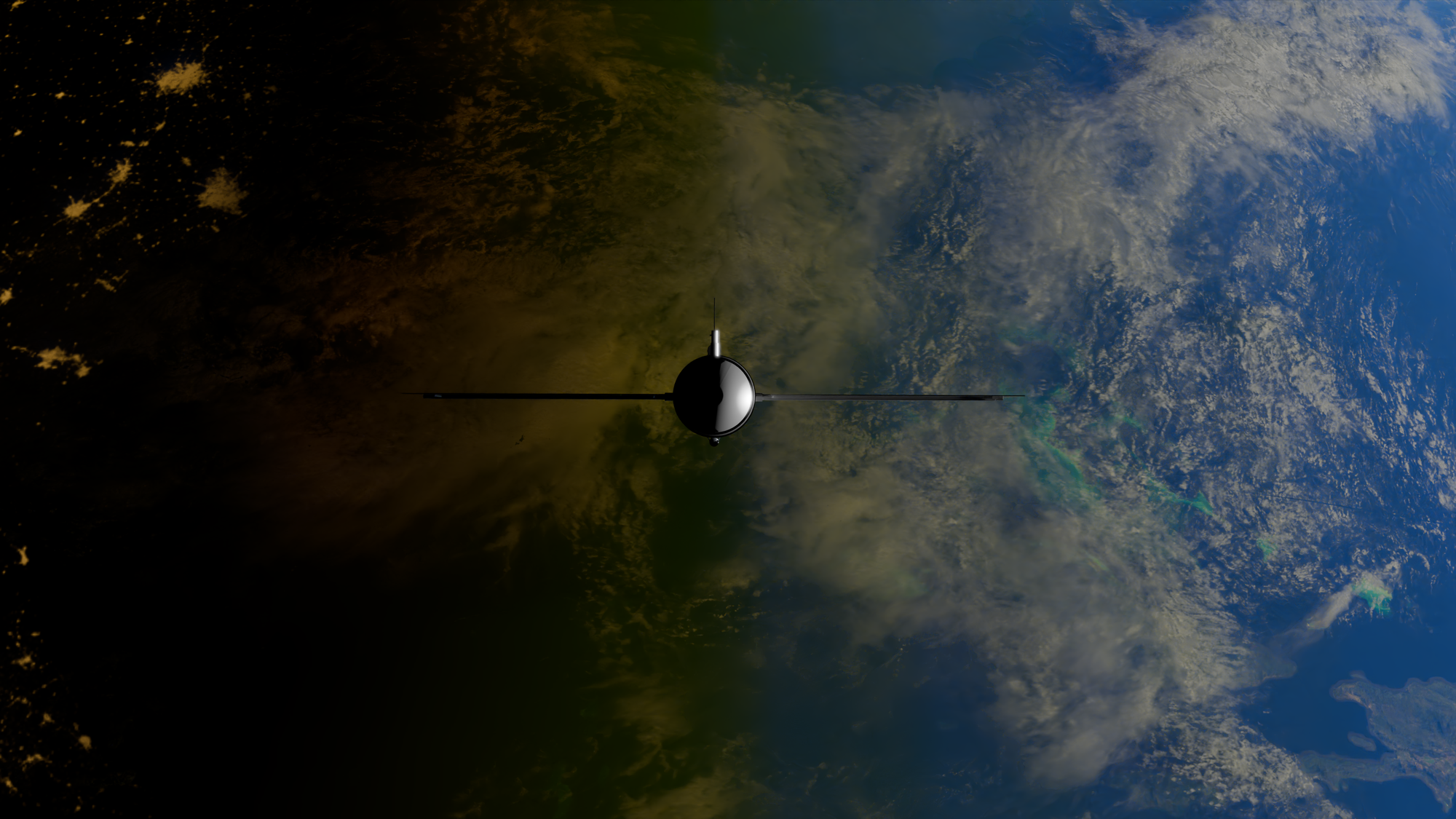 A satellite orbiting Earth showcasing contrasts between ocean and land from space.