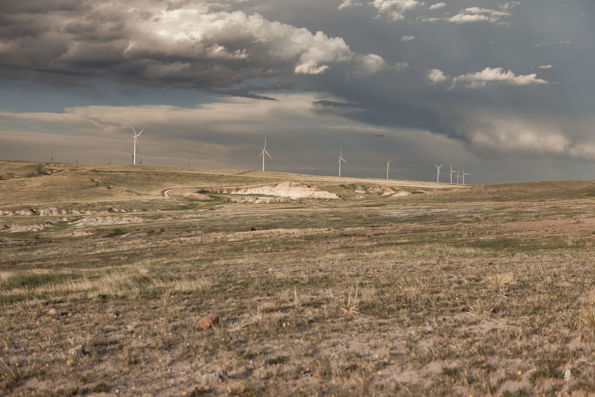 Panoramic view of wind turbines on a spacious rural field under cloudy skies.