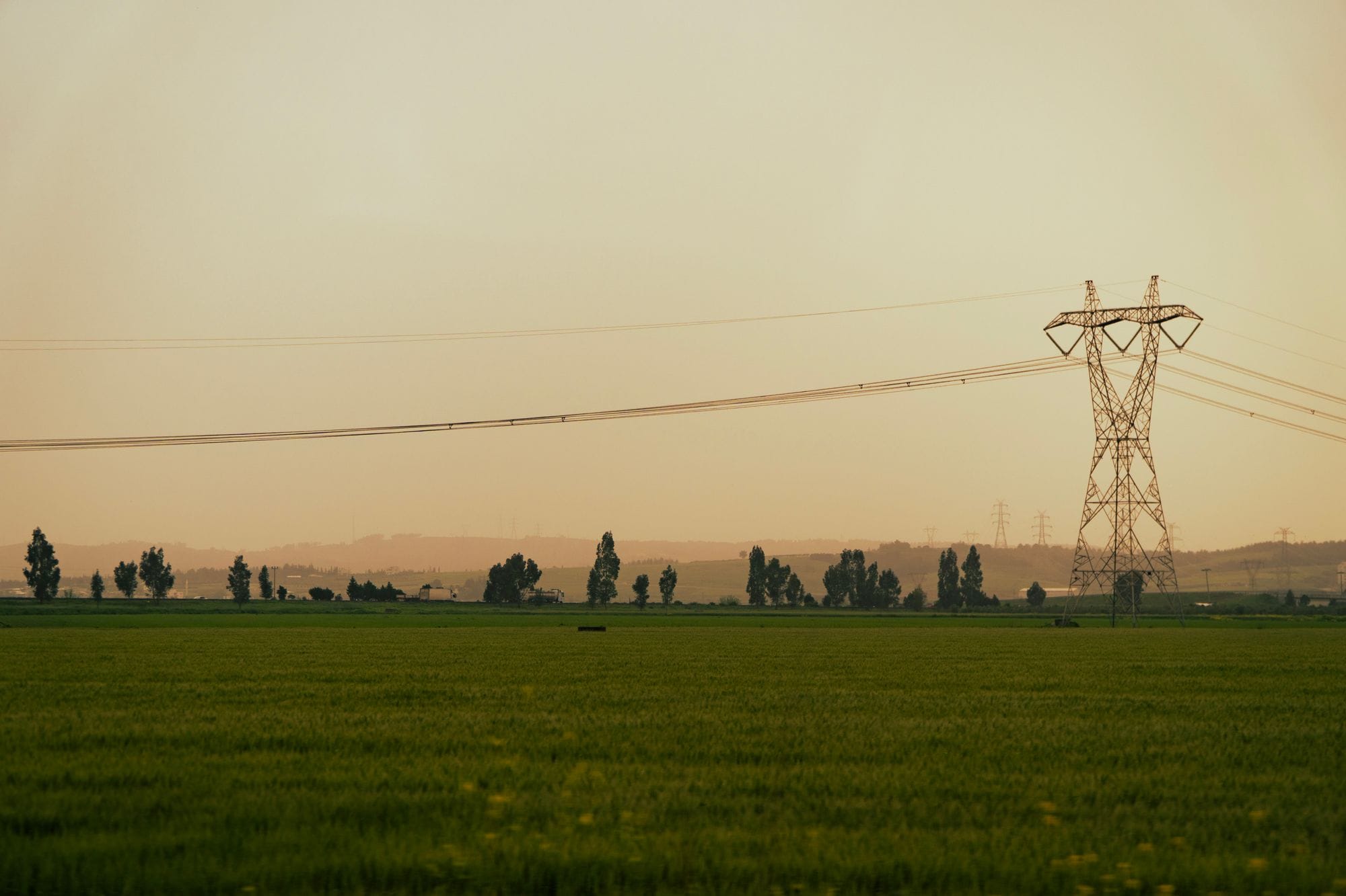 Vast green field with high-voltage power lines silhouetted against a dusk sky, capturing serene rural landscapes.