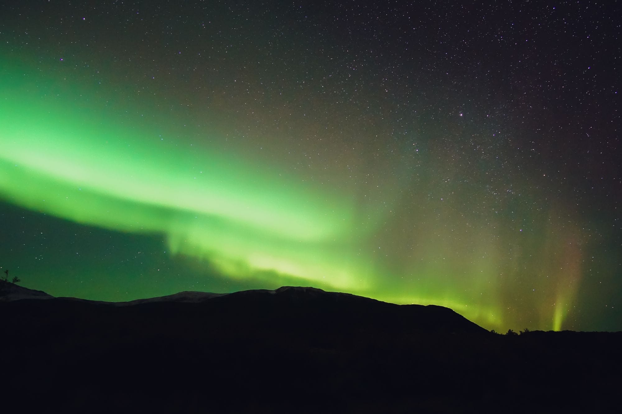 From below picturesque view of colorful shiny polar lights illuminating sky over mount silhouette at dusk