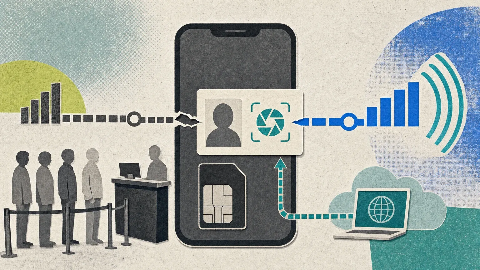 Teléfono central con tarjeta SIM, identificación genérica, señales móviles, una fila ante un mostrador y una computadora conectada a una nube.