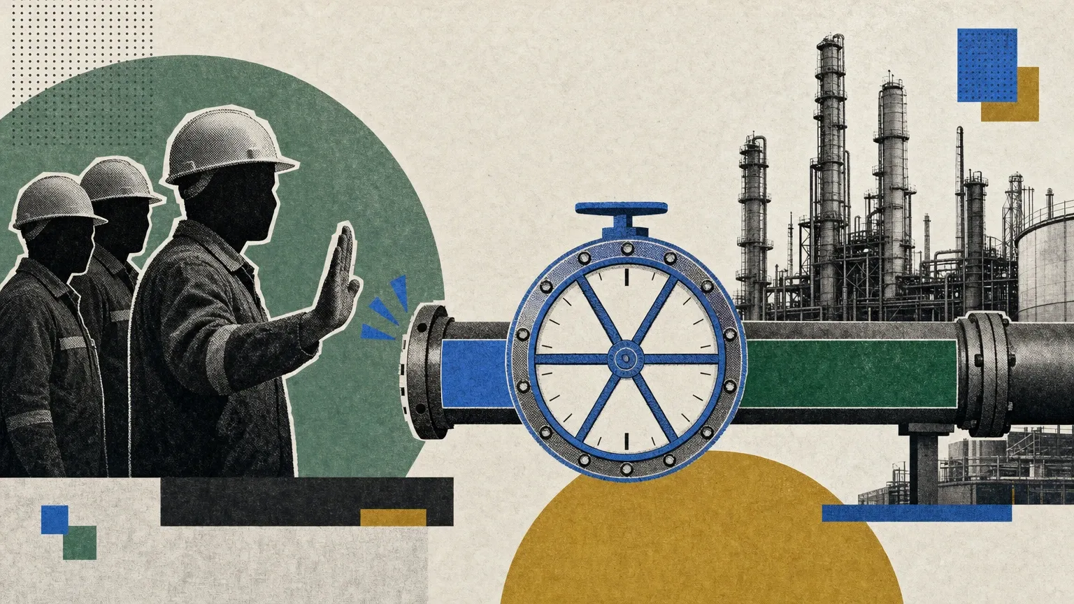Tres trabajadores con casco, uno con la palma levantada, aparecen ante una tubería con una válvula en forma de reloj y una refinería al fondo.