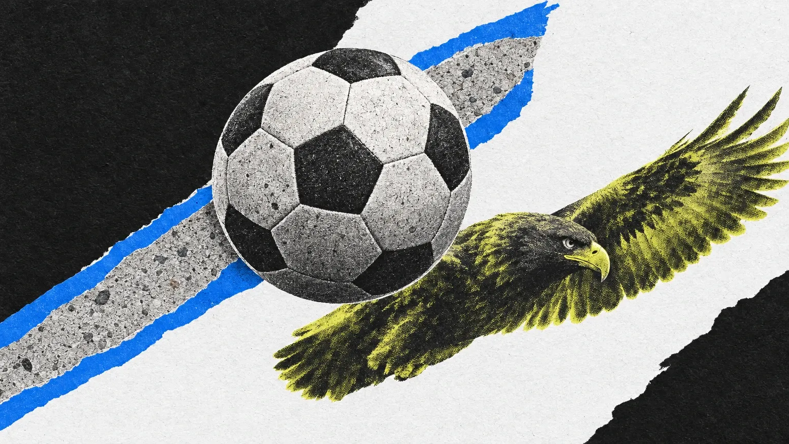 Collage de un balón sobre una franja diagonal de cemento bordeada de azul, junto a un águila amarilla con las alas extendidas.