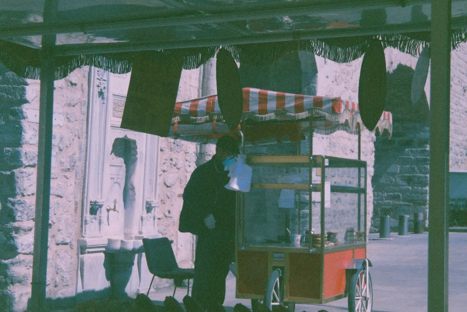A street vendor with a cart under a canopy in an outdoor setting.