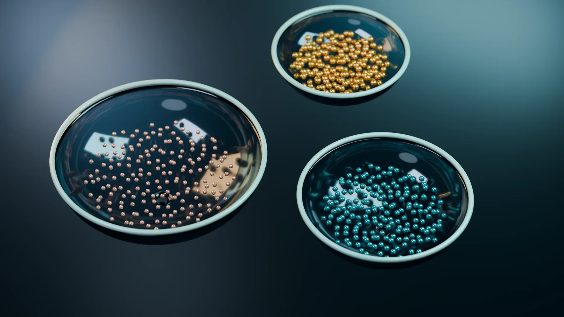 Abstract 3D render of molecular structures in glass dishes, showcasing innovation.