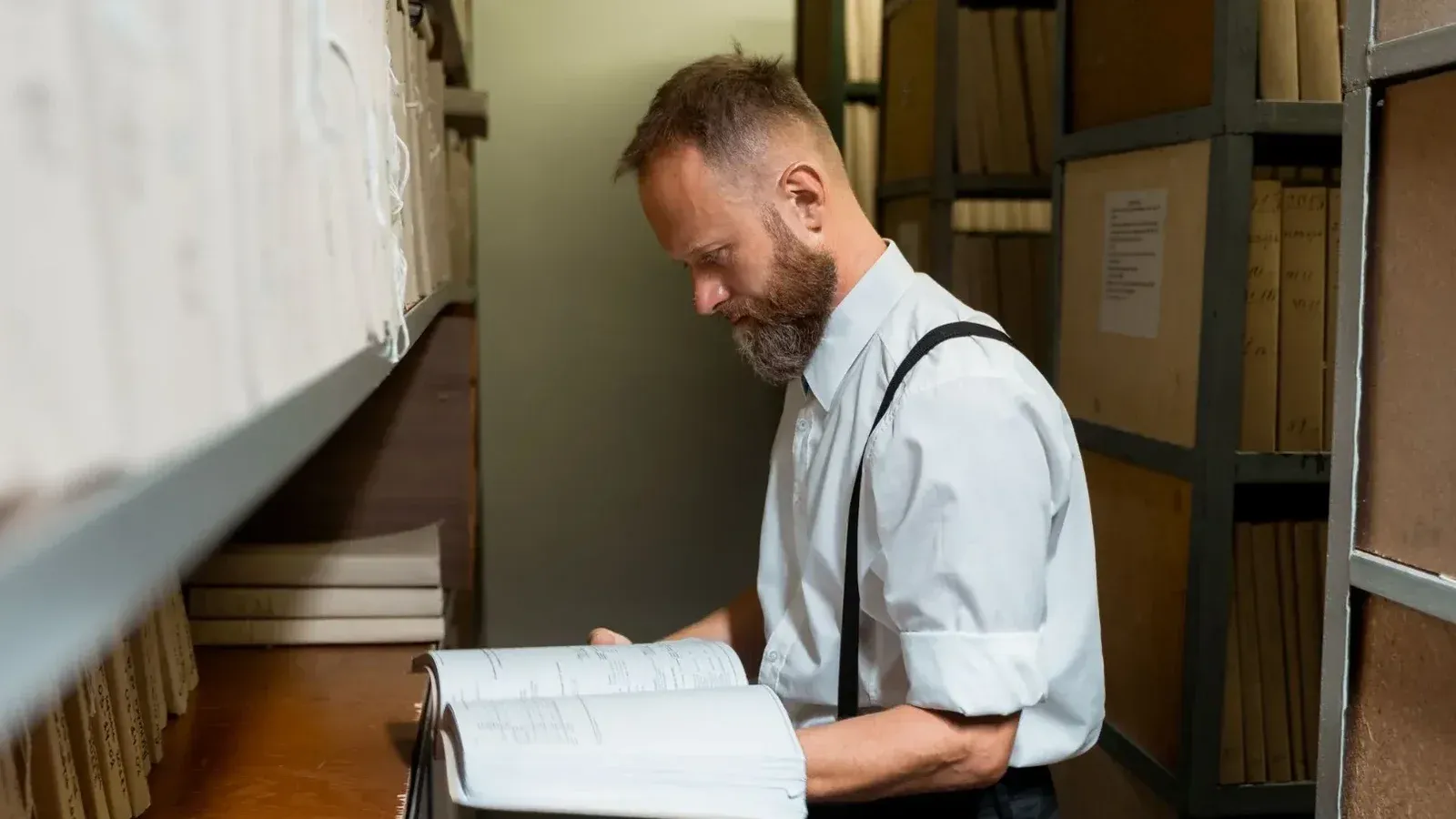 Hombre barbudo en tirantes examinando libro grande en sala de archivo con estantes de madera.