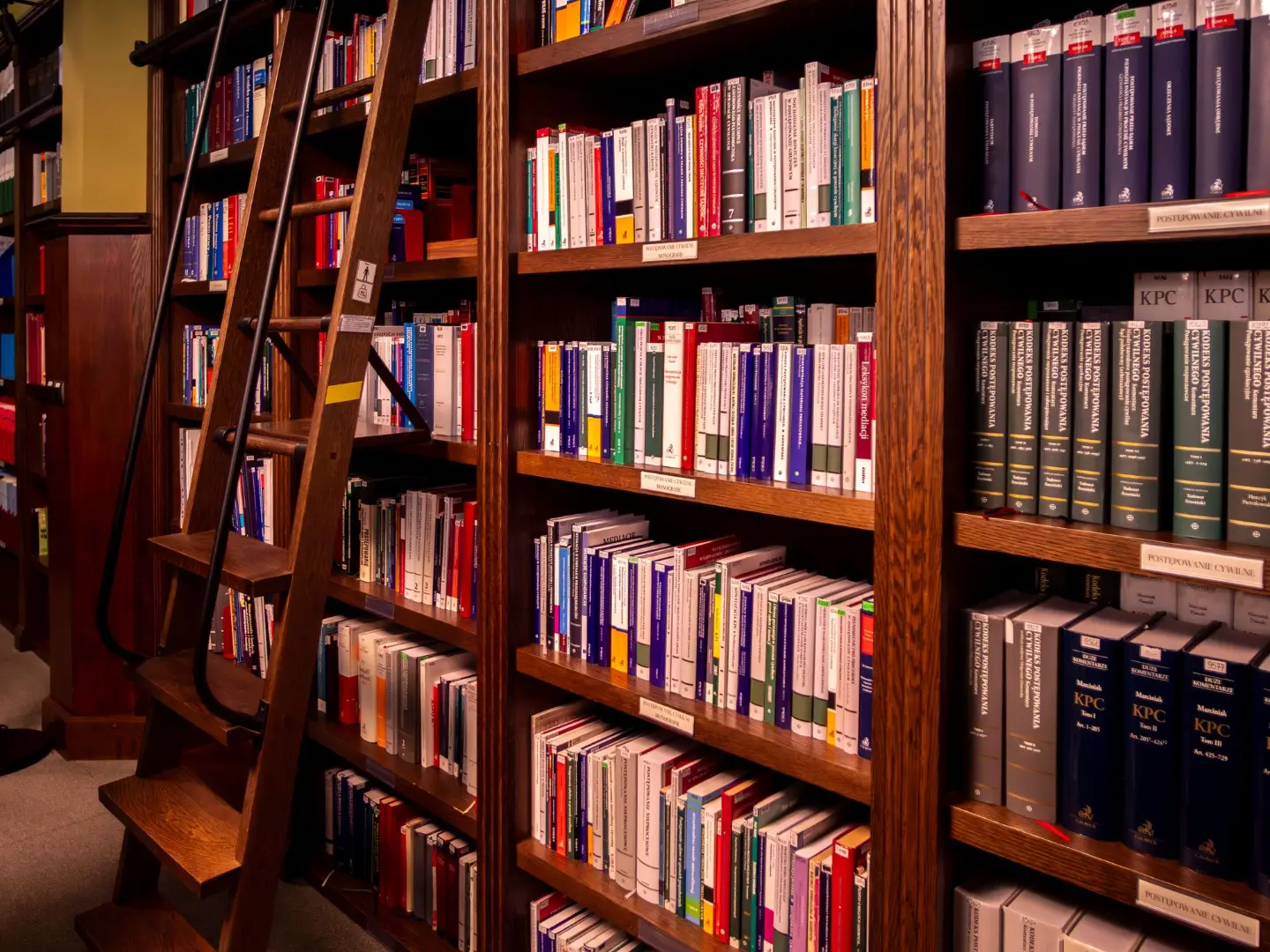 Bookshelves with a ladder in a Polish library, Wrocław.