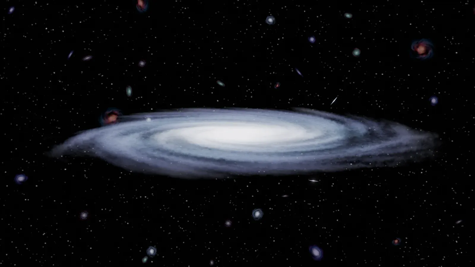 Illustration of a spiral galaxy surrounded by stars and galaxies in deep space, showcasing cosmic beauty.
