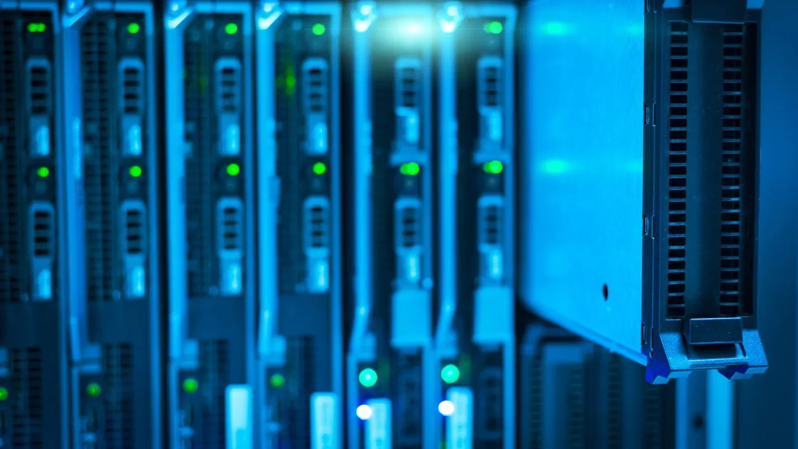 Detailed view of a server rack with a focus on technology and data storage.
