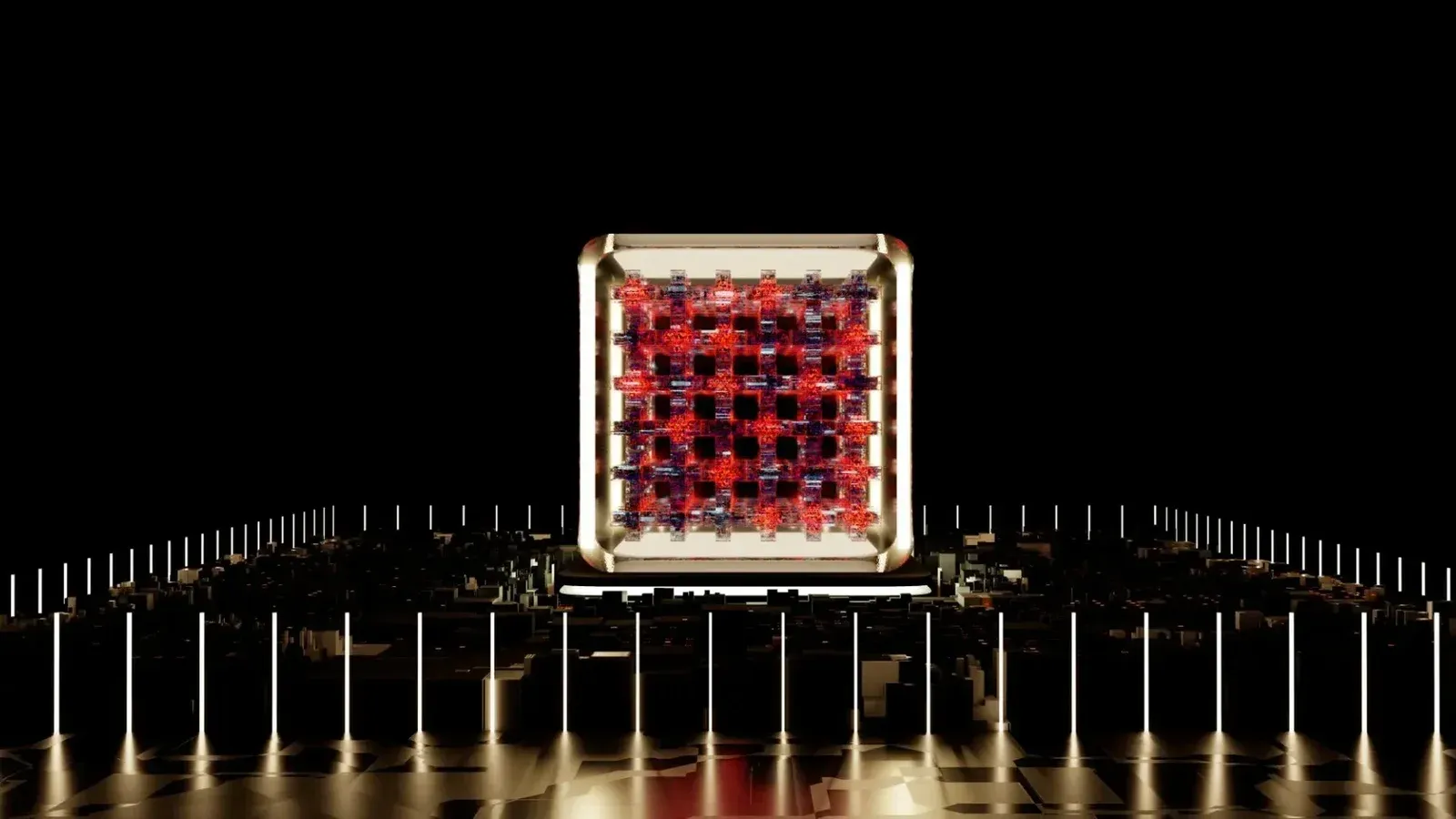 Abstract representation of a futuristic digital processor with glowing elements.