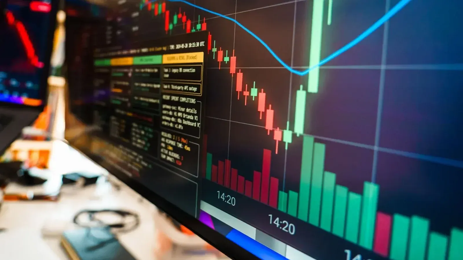 Close-up of a financial monitor displaying real-time cryptocurrency data and charts in a modern office.