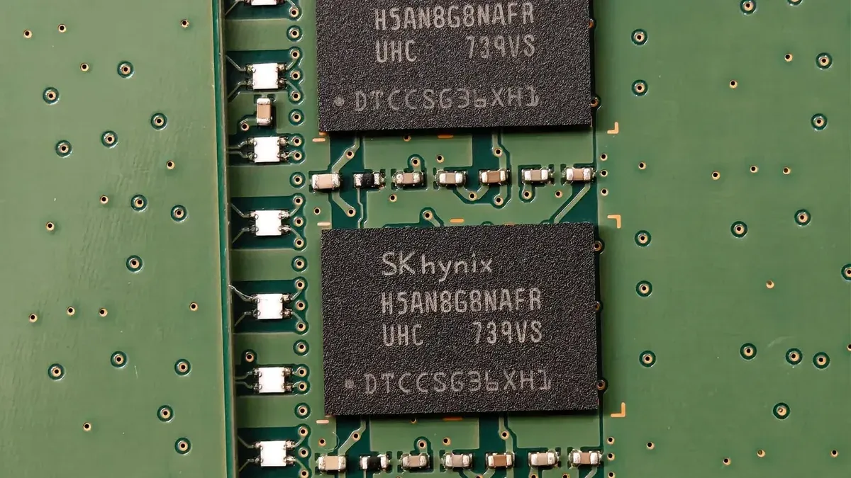 Detailed view of SK hynix DRAM chips on a green circuit board featuring electronic components.