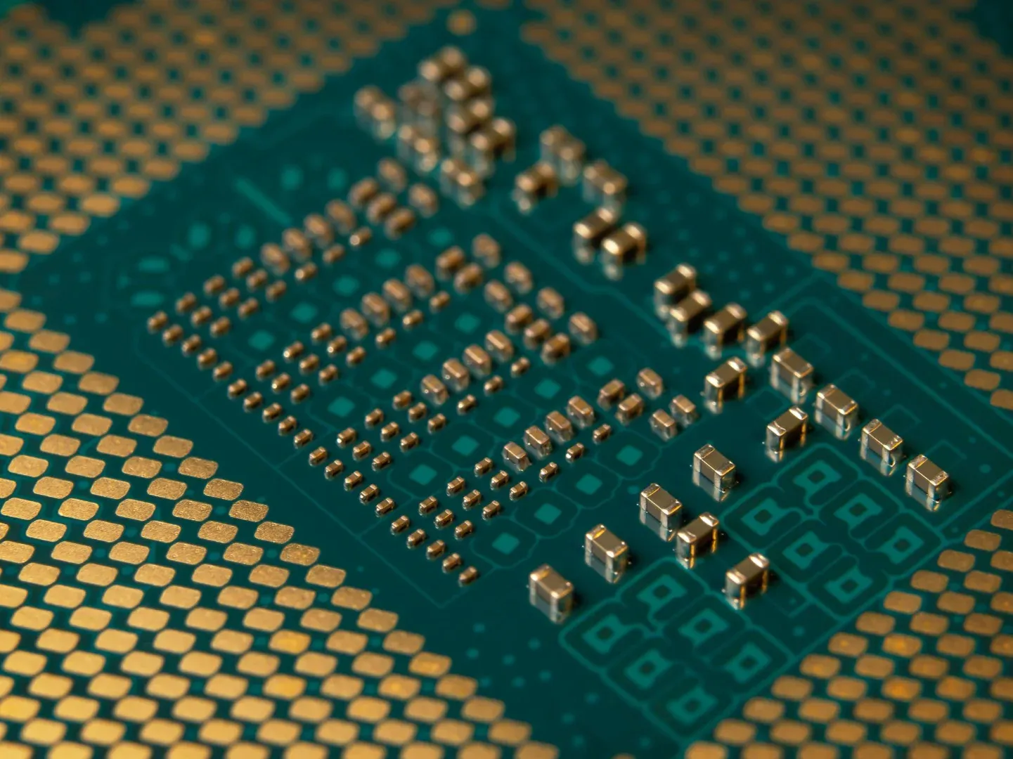 Detailed close-up of a microprocessor circuit board showcasing intricate circuitry and components.