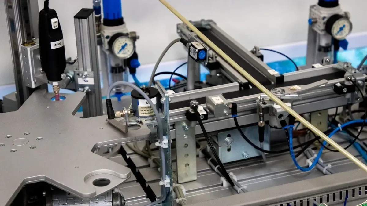 Close-up of advanced machinery showcasing robotic automation and precision engineering.