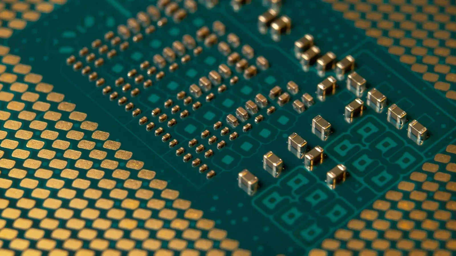 Detailed close-up of a microprocessor circuit board showcasing intricate circuitry and components.