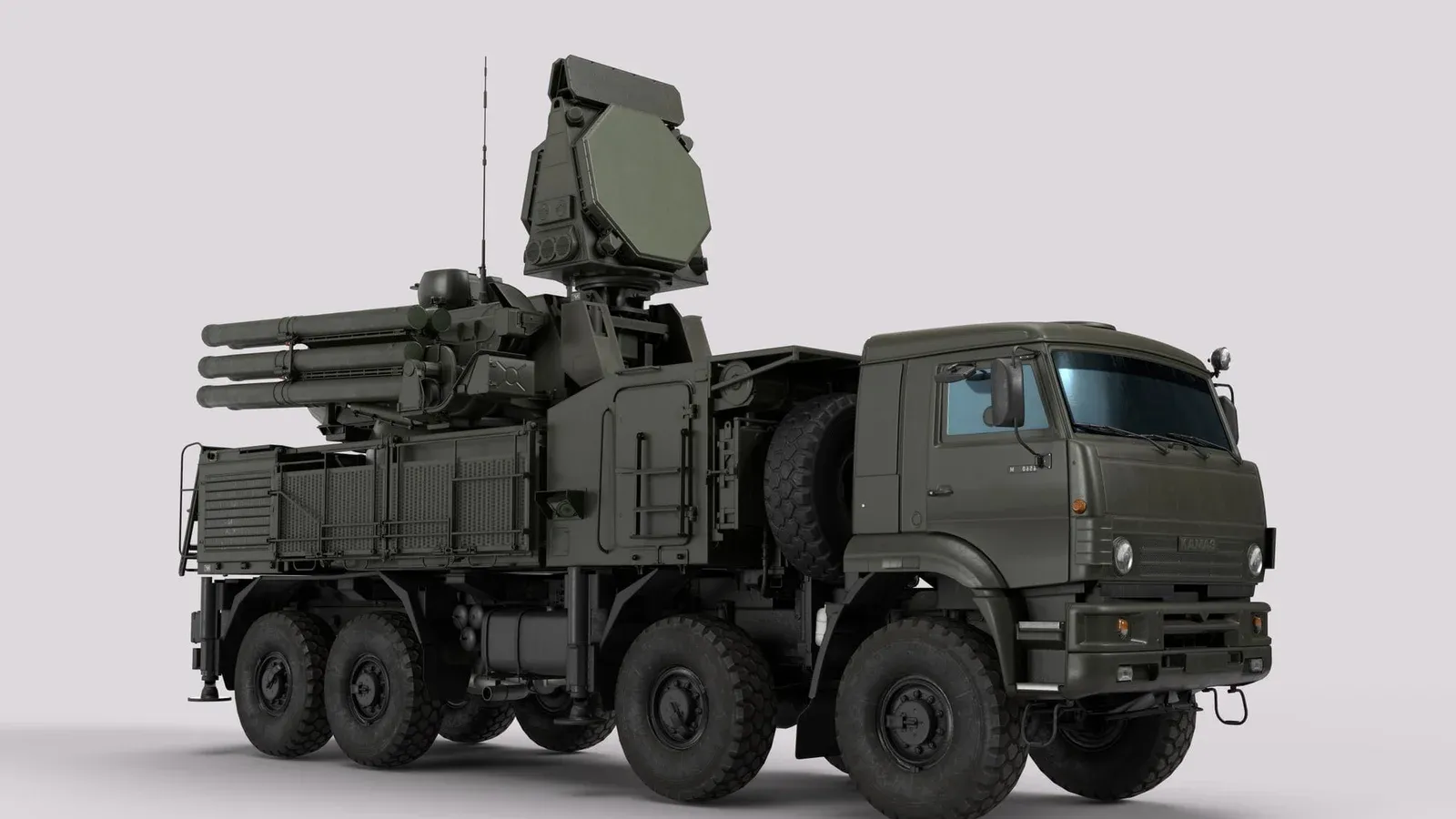 Detailed image of a military vehicle equipped with advanced radar and weaponry systems.