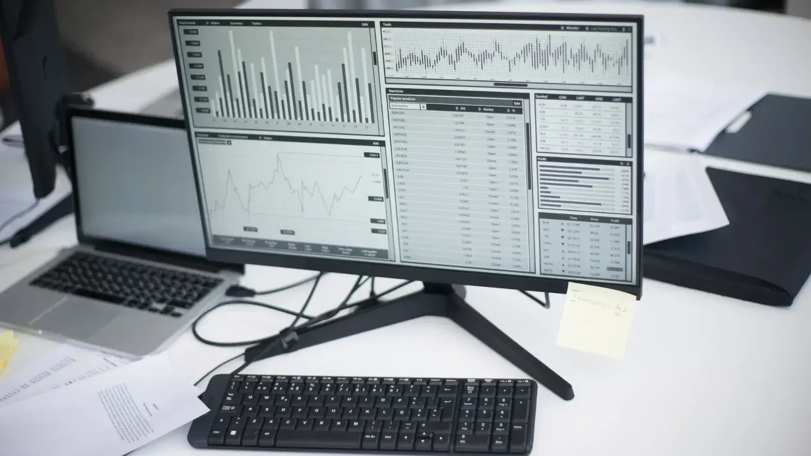 A professional workspace featuring computers and analytical graphs on a monitor, symbolizing modern business environment.