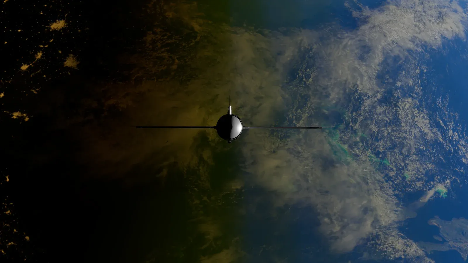 A satellite orbiting Earth showcasing contrasts between ocean and land from space.