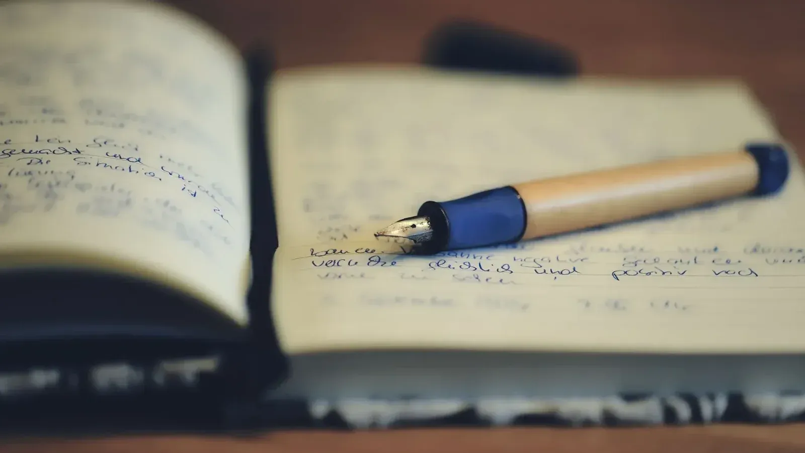 A close up of a fountain pen resting on an open notebook, highlighting handwriting and the writing process.