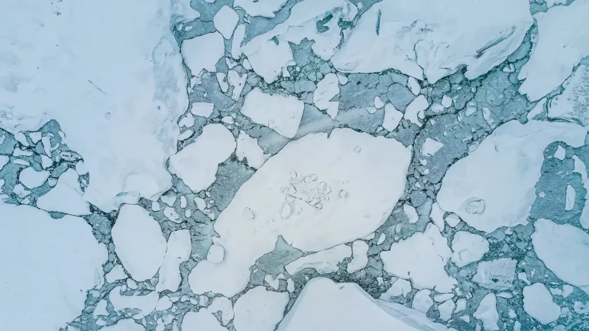 Stunning aerial shot of icy arctic landscape showcasing floating ice and calm winter sea.