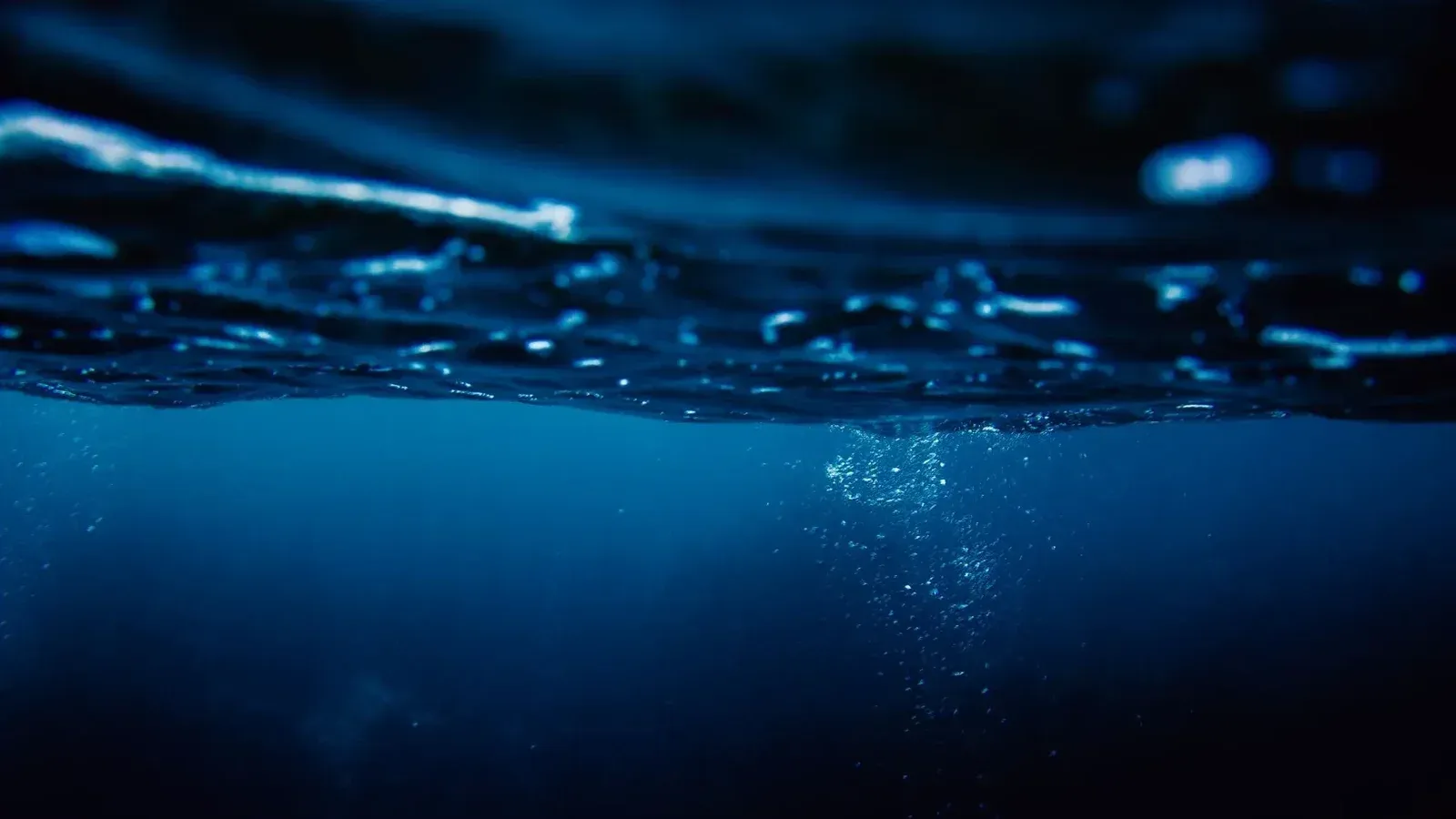 A serene underwater scene capturing air bubbles rising to the ocean's surface at night.