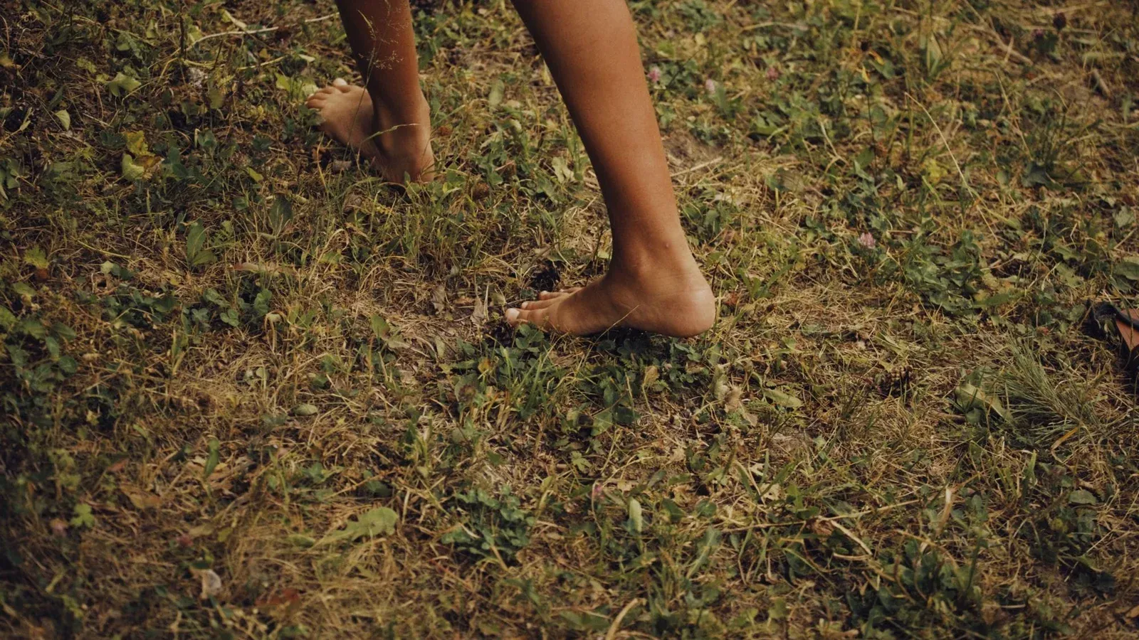 Close-up of bare feet walking on grassy ground, embodying a natural outdoor experience.