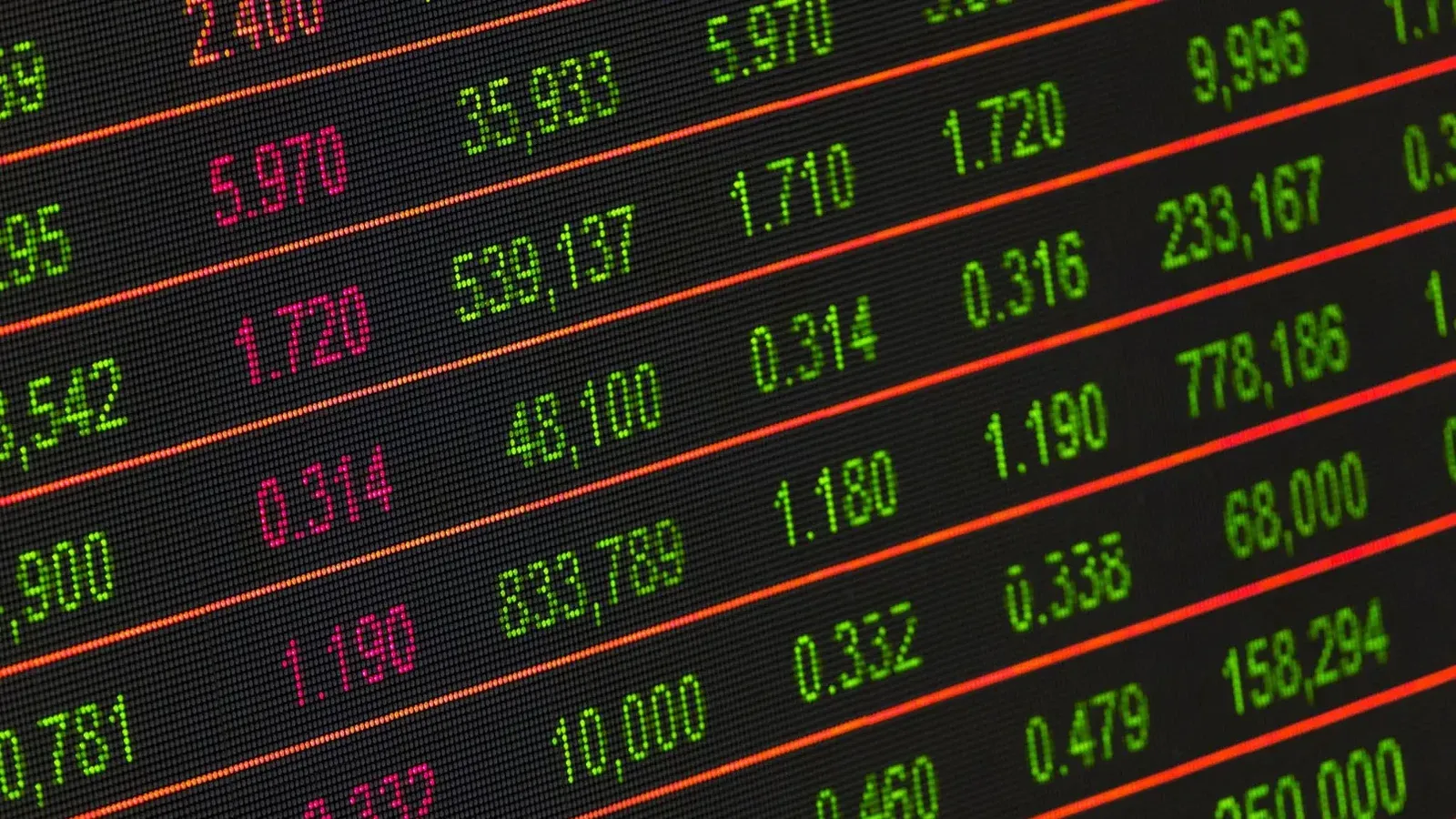 Close-up of a digital stock market data display showing colorful financial numbers and trends.