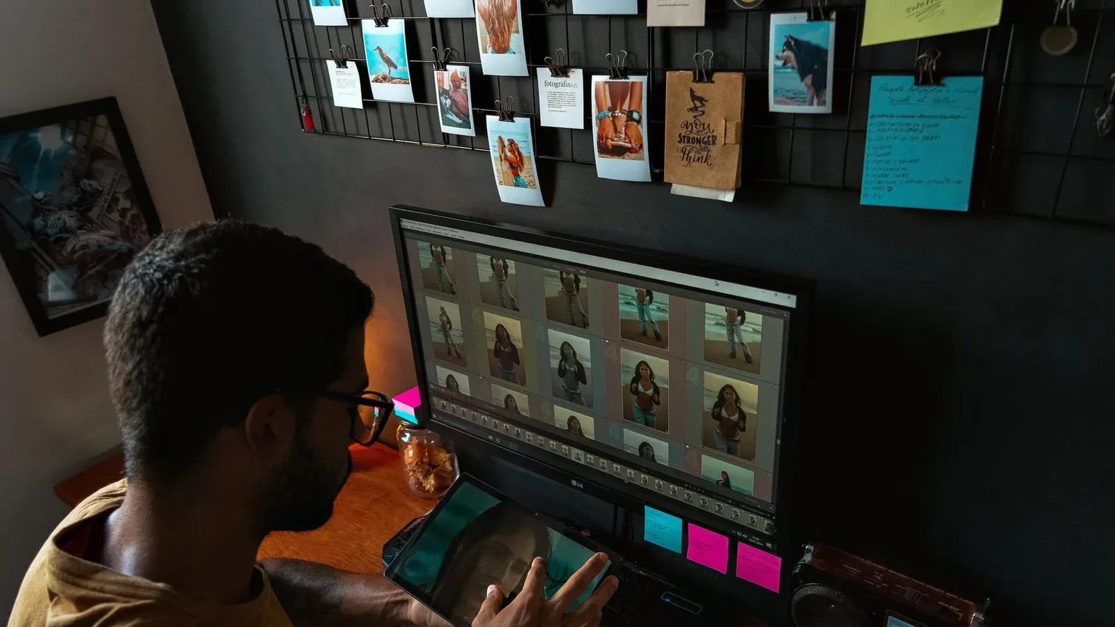 A young man edits photographs on a computer in a cozy home office setup.