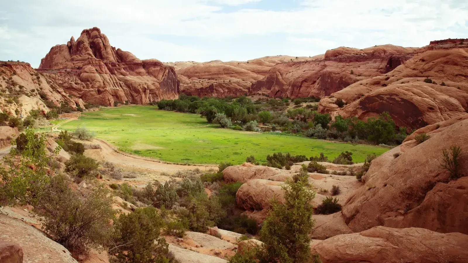 Explore las impresionantes formaciones de roca roja y el exuberante valle en el paisaje desértico de Utah.