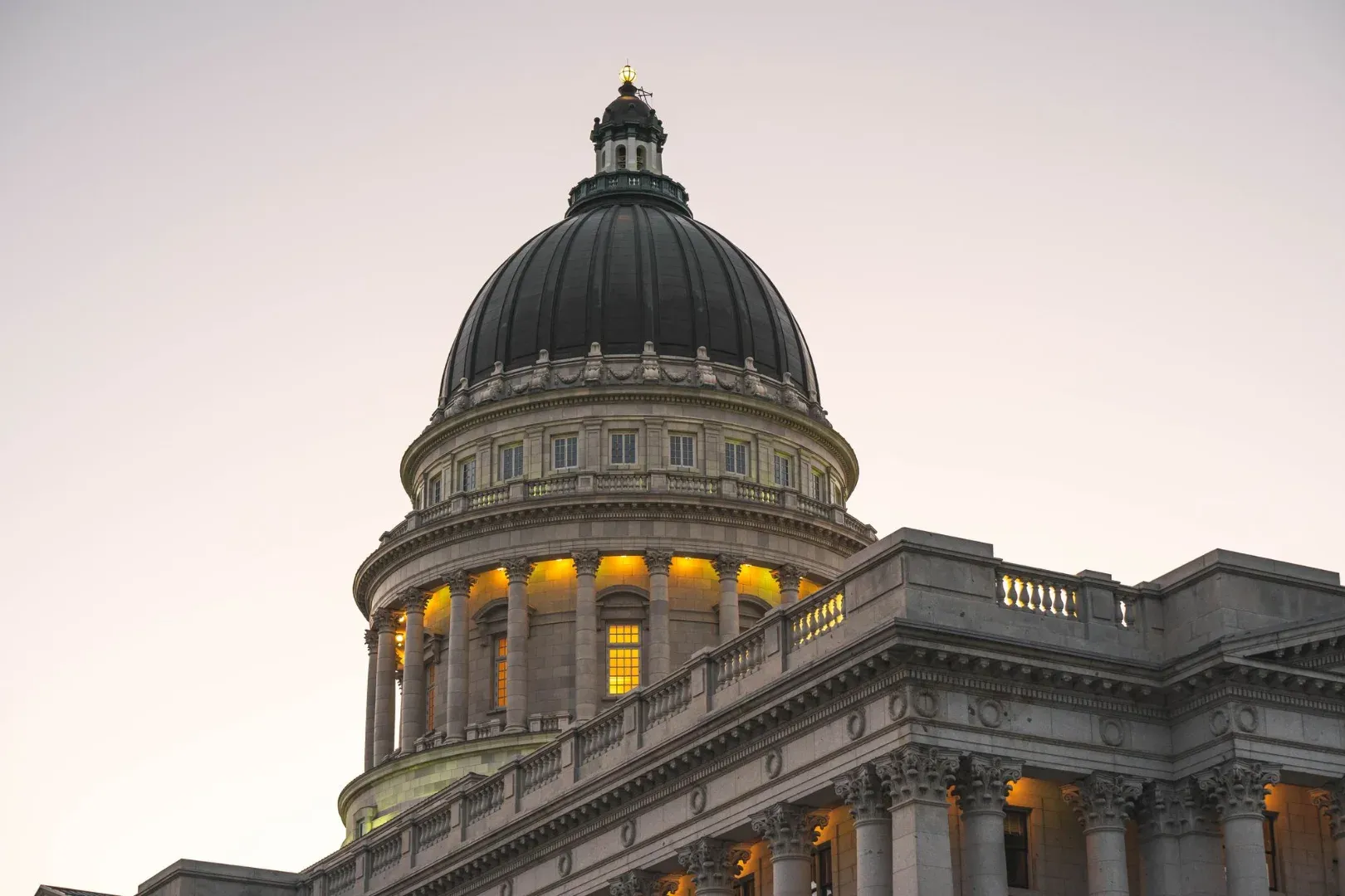 Neoclassical architecture of Utah State Capitol dome at twilight, Salt Lake City, USA.