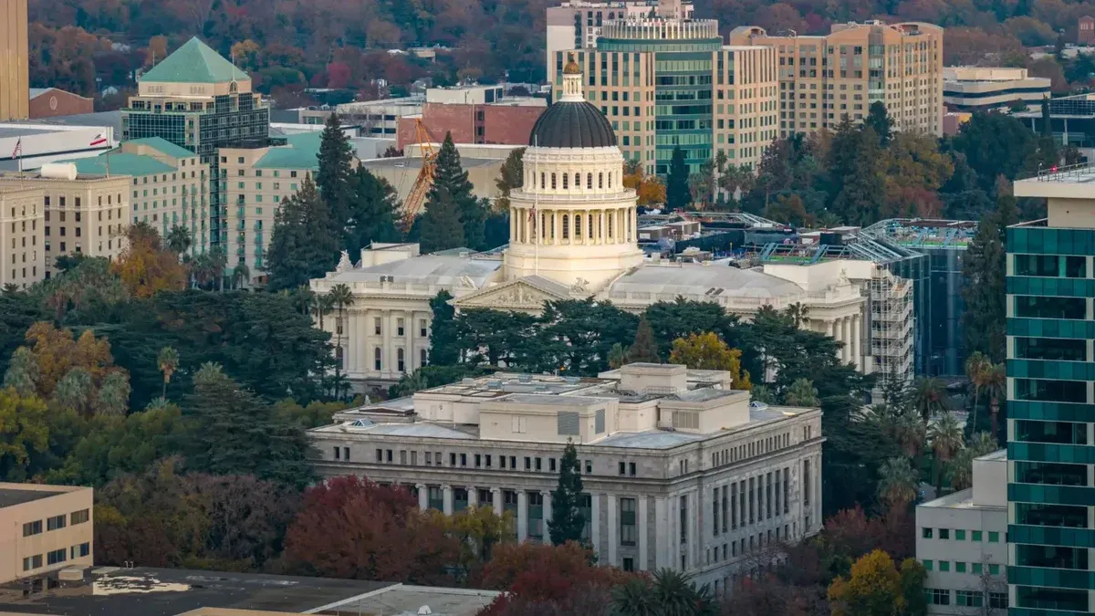 Stunning aerial view of the iconic California State Capitol in Sacramento surrounded by cityscape.