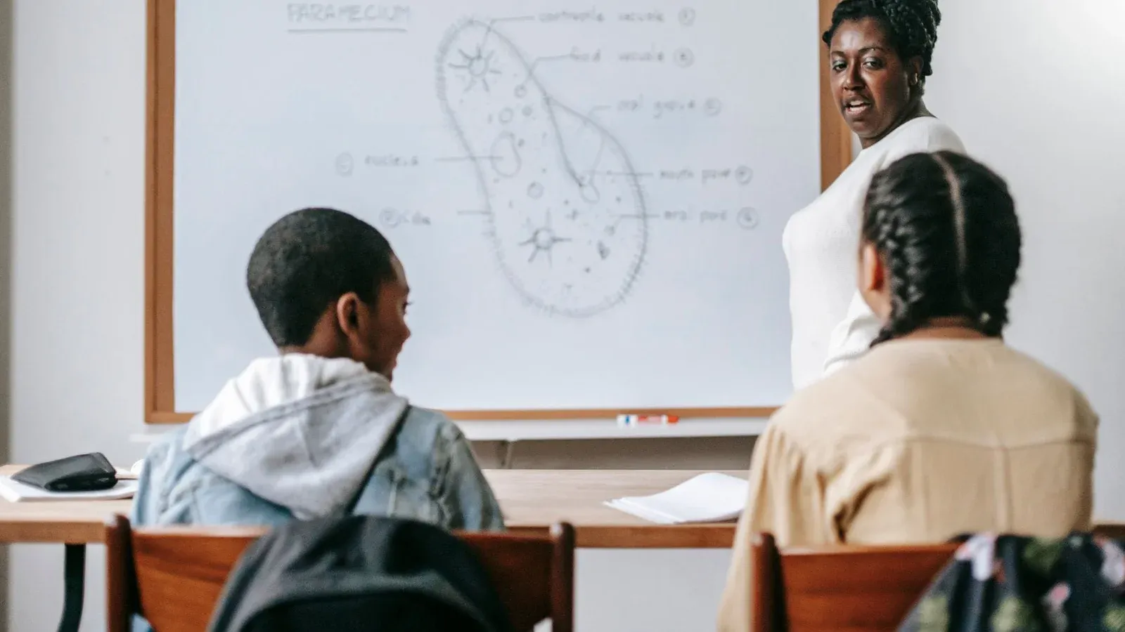 Back view of diverse children at desk listening to black female teacher at whiteboard during biology lesson