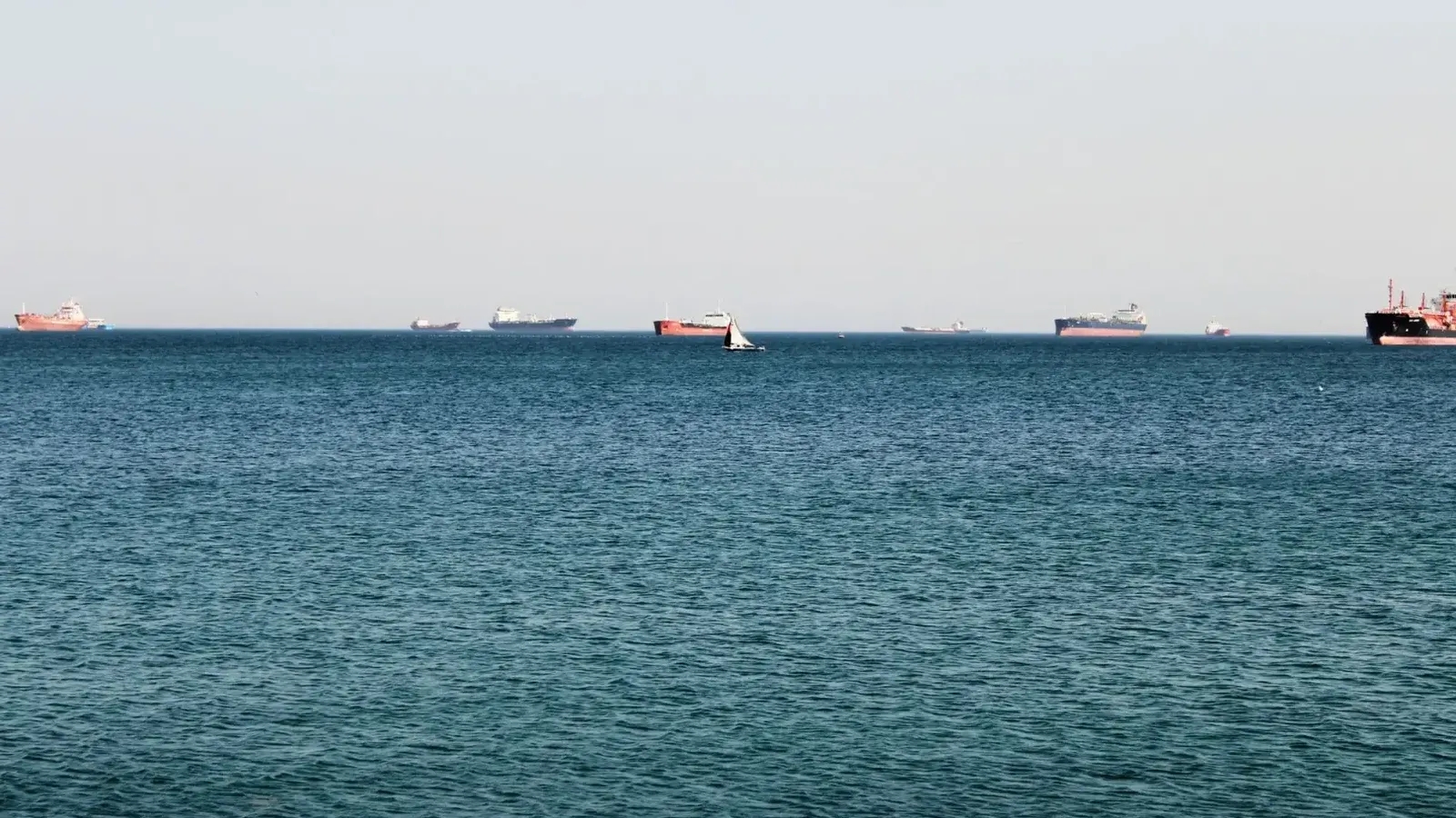 Una tranquila vista al mar con varios buques de carga en el horizonte bajo un cielo despejado.
