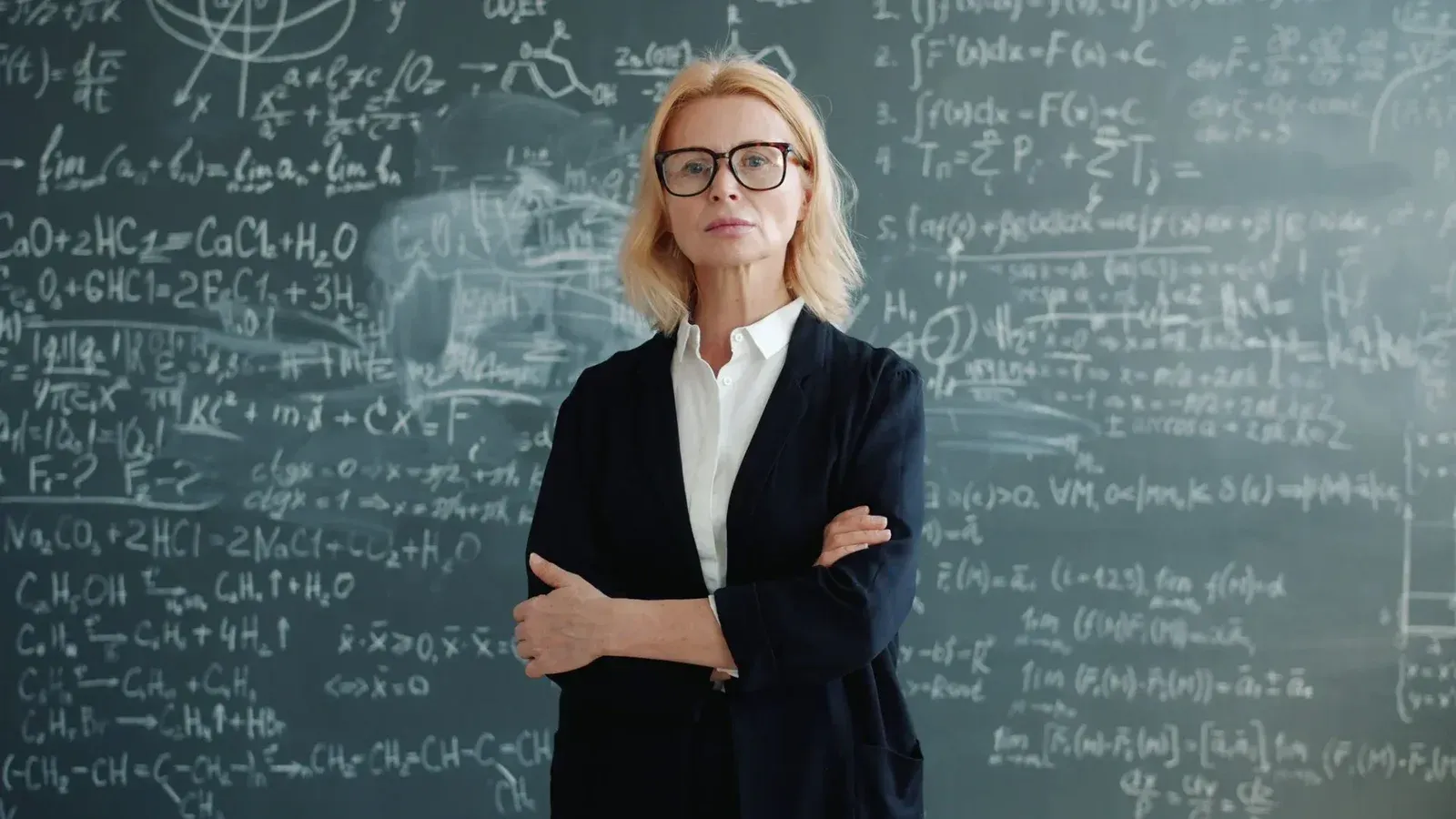 Female professor stands confidently with folded arms in front of a chalk-drawn chalkboard filled with equations.